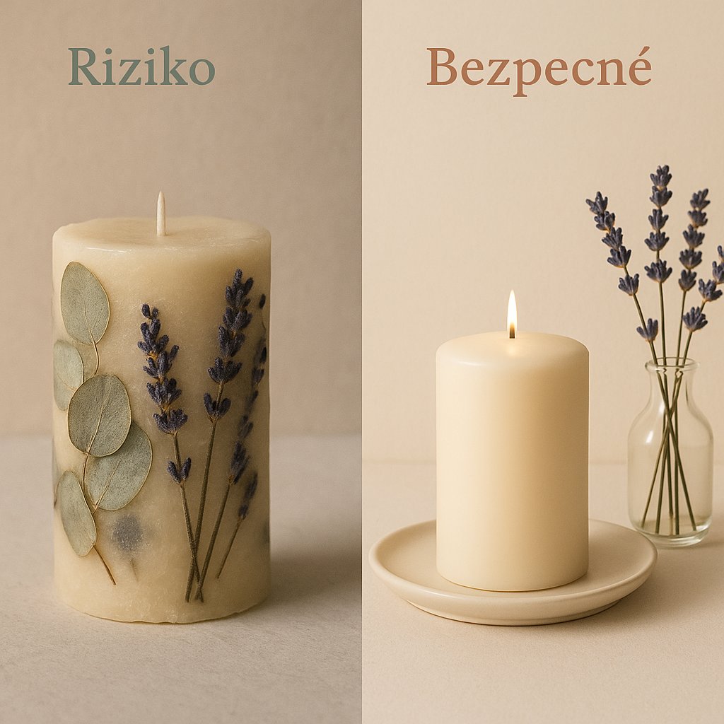 Detail voskové lázně okolo hořícího knotu s botanickým materiálem
