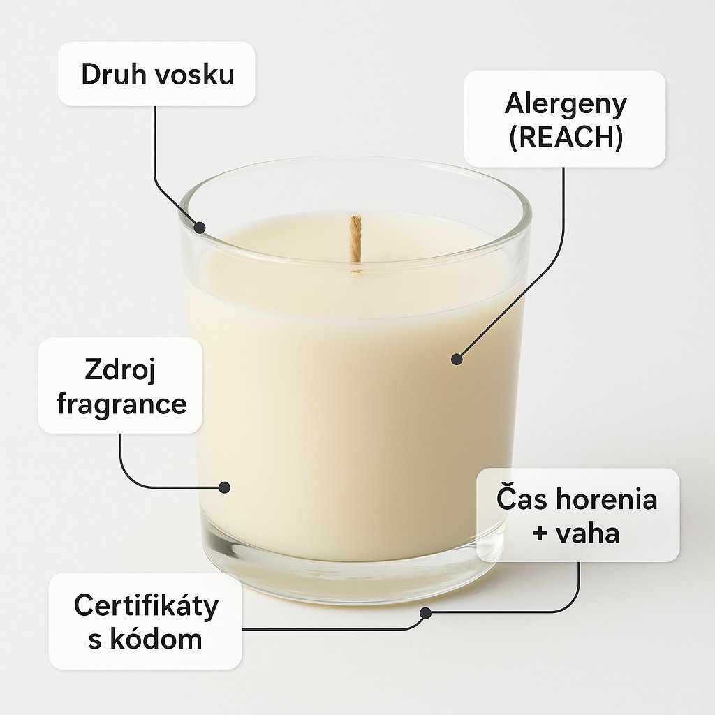 Ruka držící svíčku a porovnávající zadní stranu etikety s certifikačním kódem RSPO oproti svíčce s holým eko logem bez čísla
