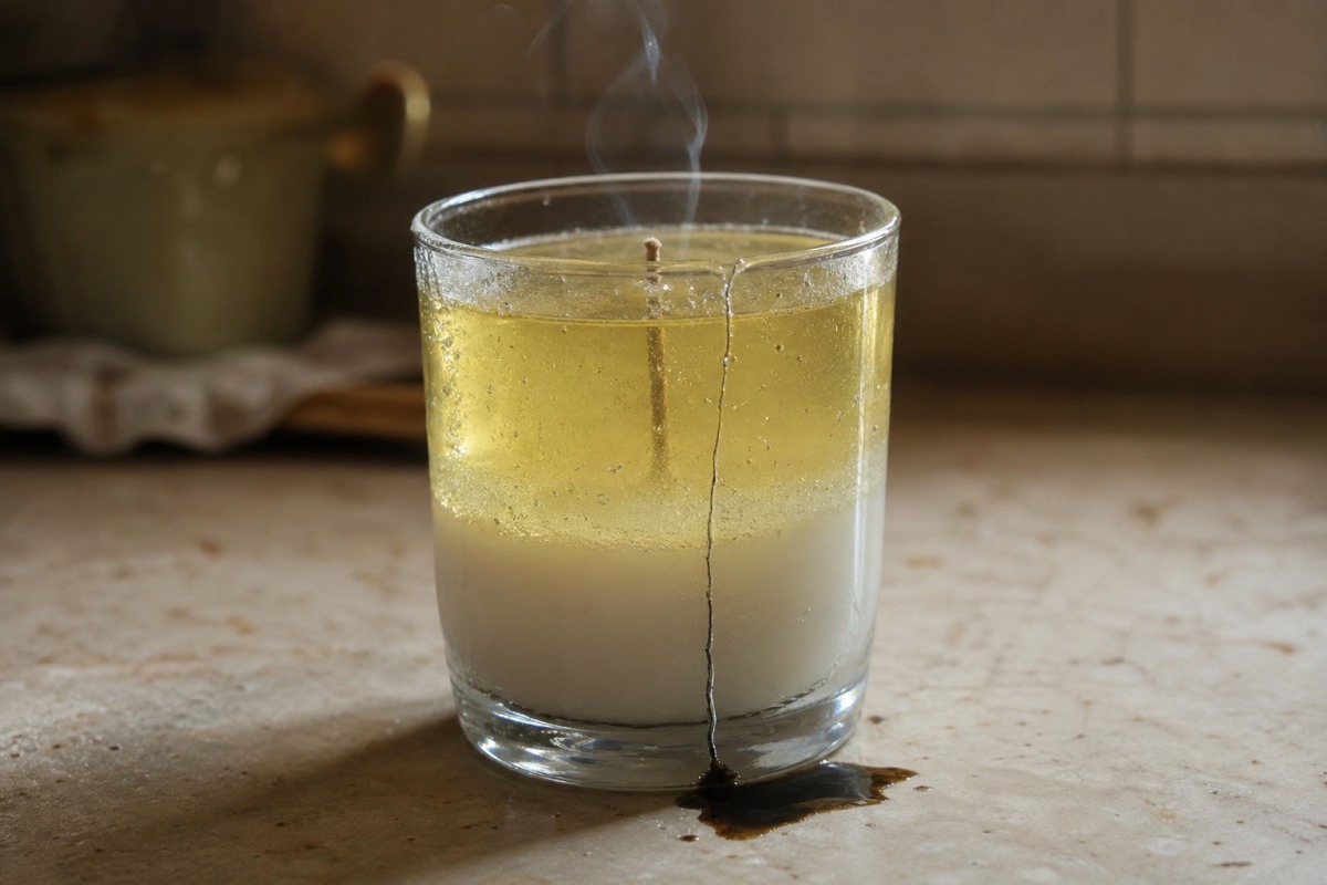 Tenká skleněná sklenice s dvouvrstvou gelovou limonádovou svíčkou s dlouhou prasklinou ode dna po okraj a kaluží oleje na podložce