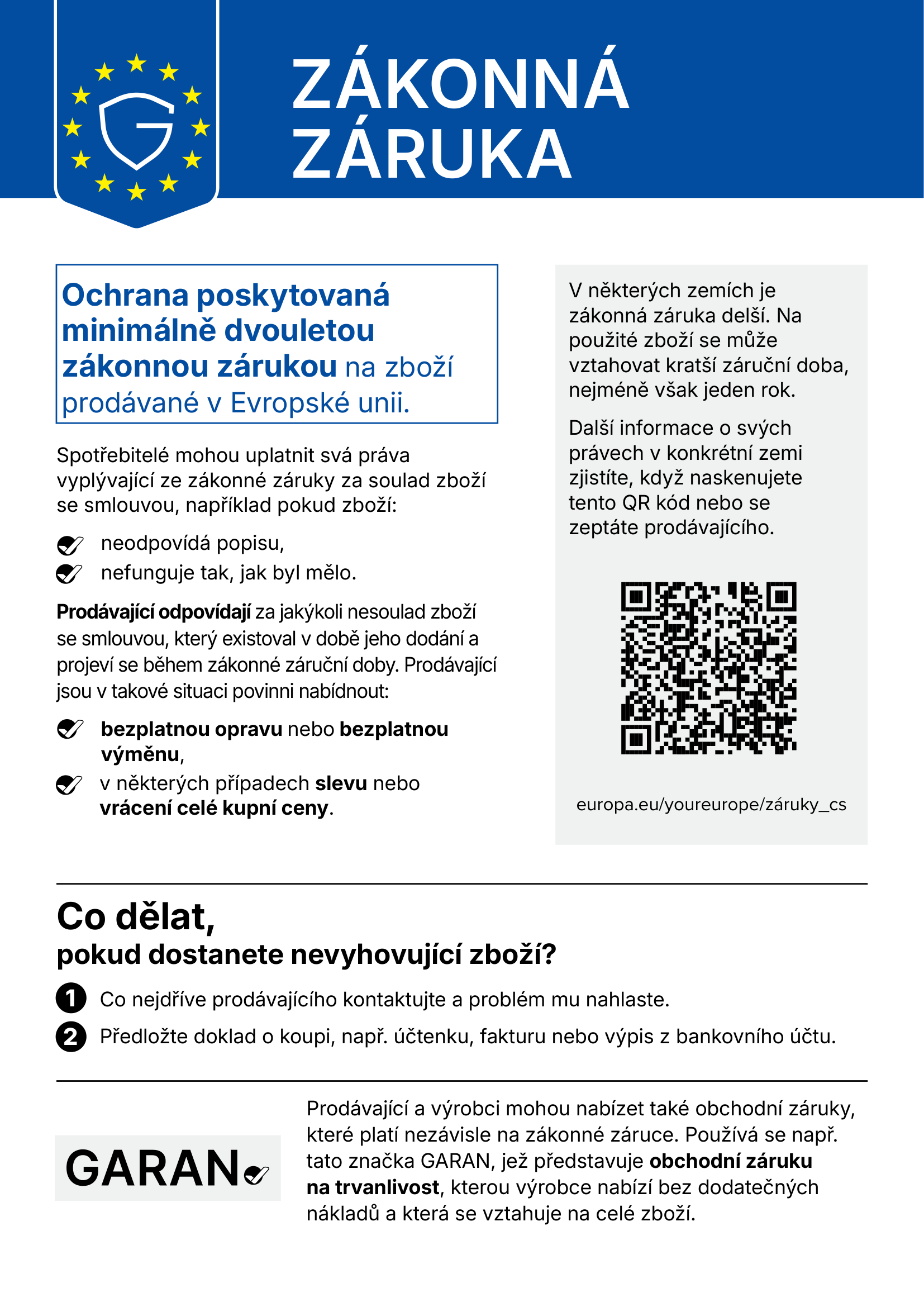 Oznámení o zákonné dvouleté záruce shody v EU